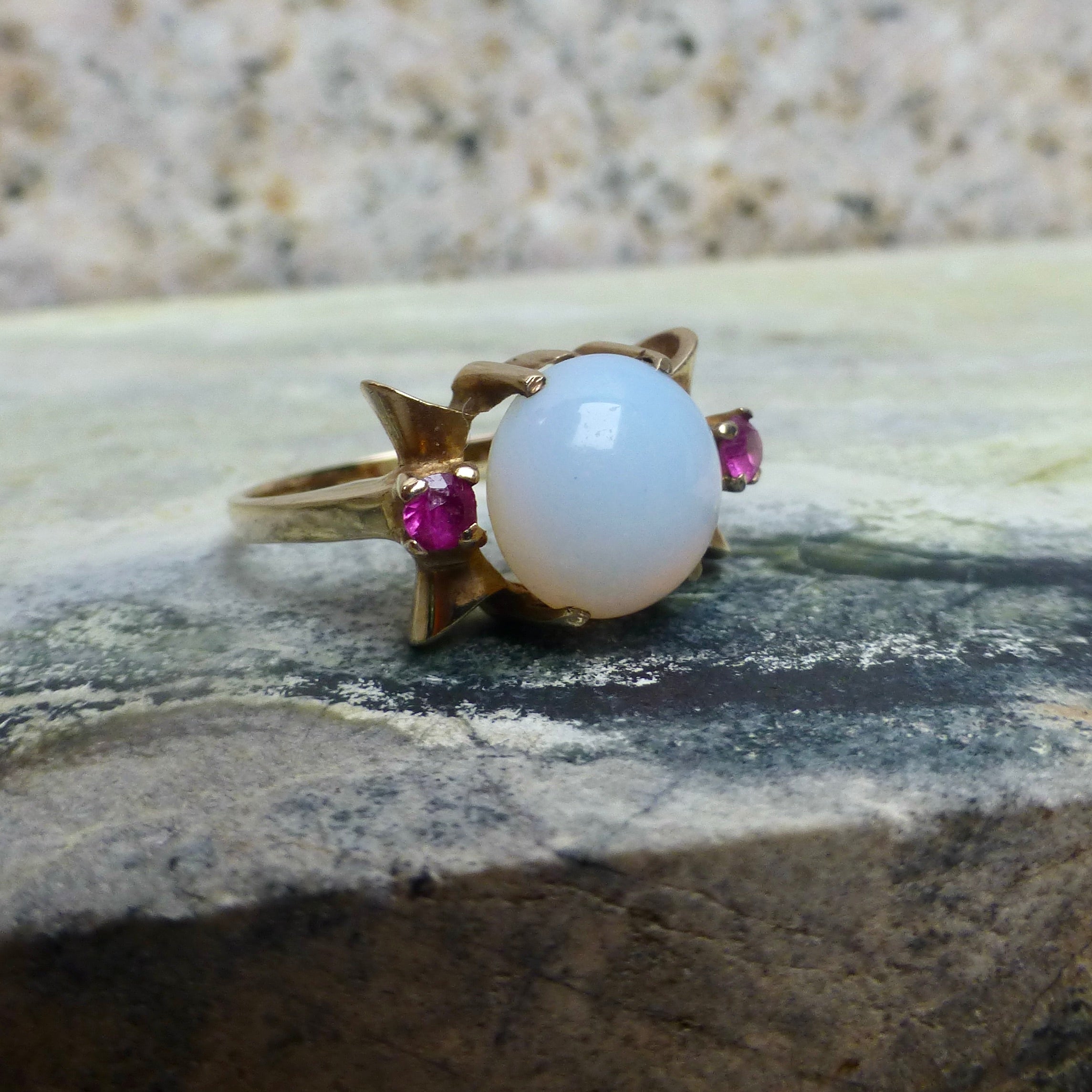Vintage Modernist White Opal and Ruby Ring, 10k Opal Ring