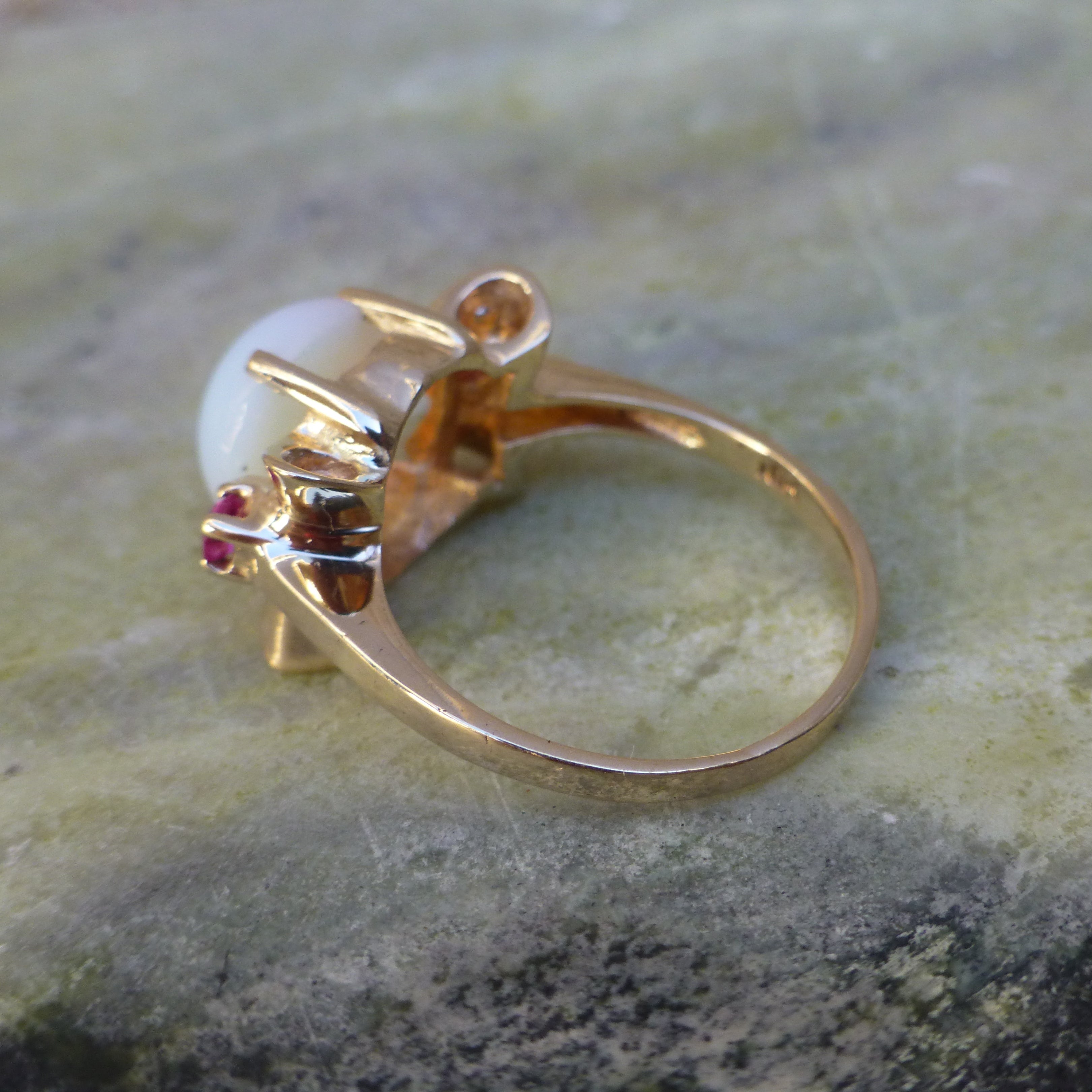 Vintage Modernist White Opal and Ruby Ring, 10k Opal Ring