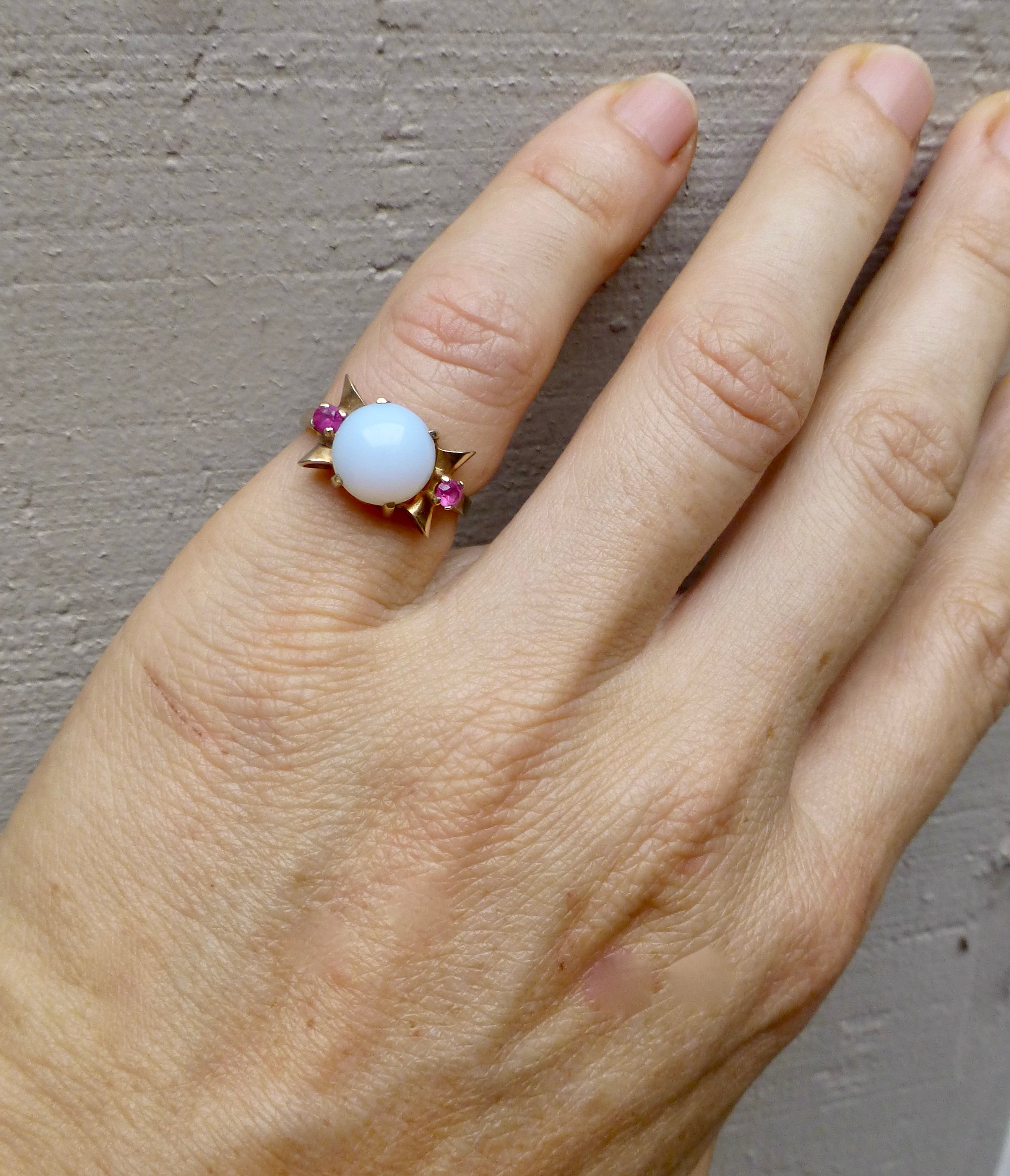 Vintage Modernist White Opal and Ruby Ring, 10k Opal Ring