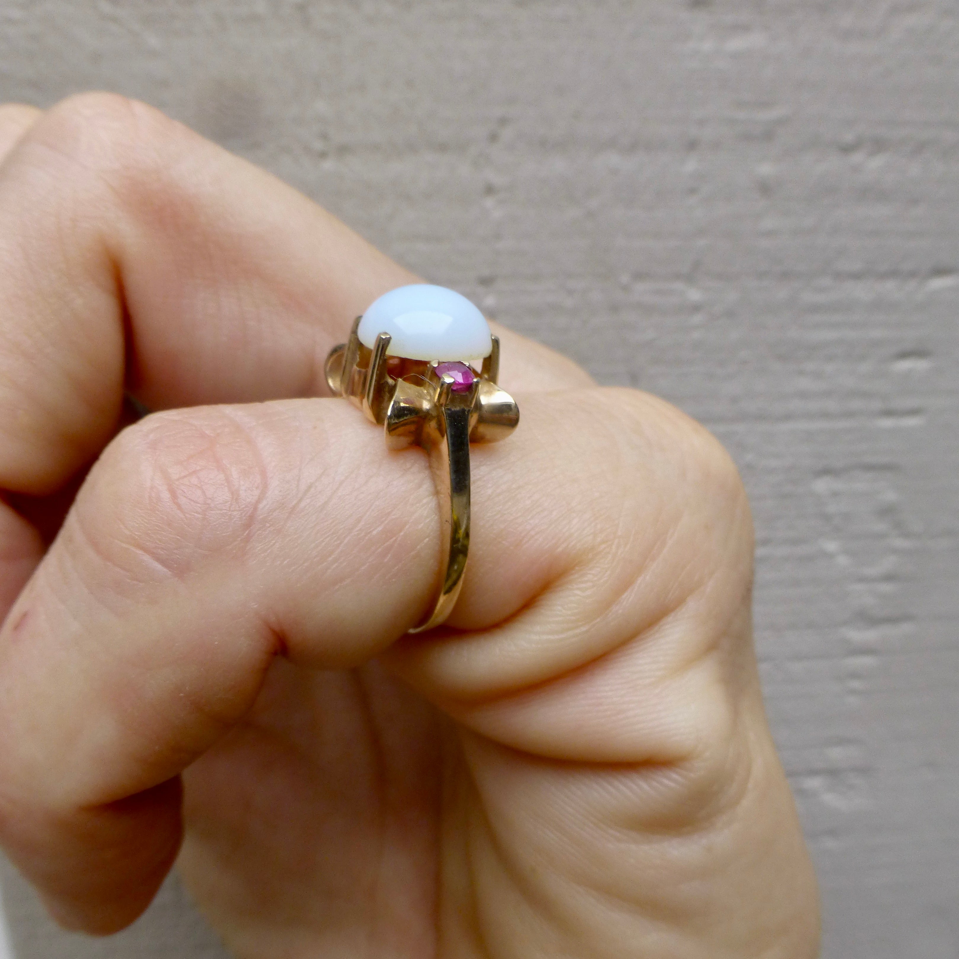 Vintage Modernist White Opal and Ruby Ring, 10k Opal Ring