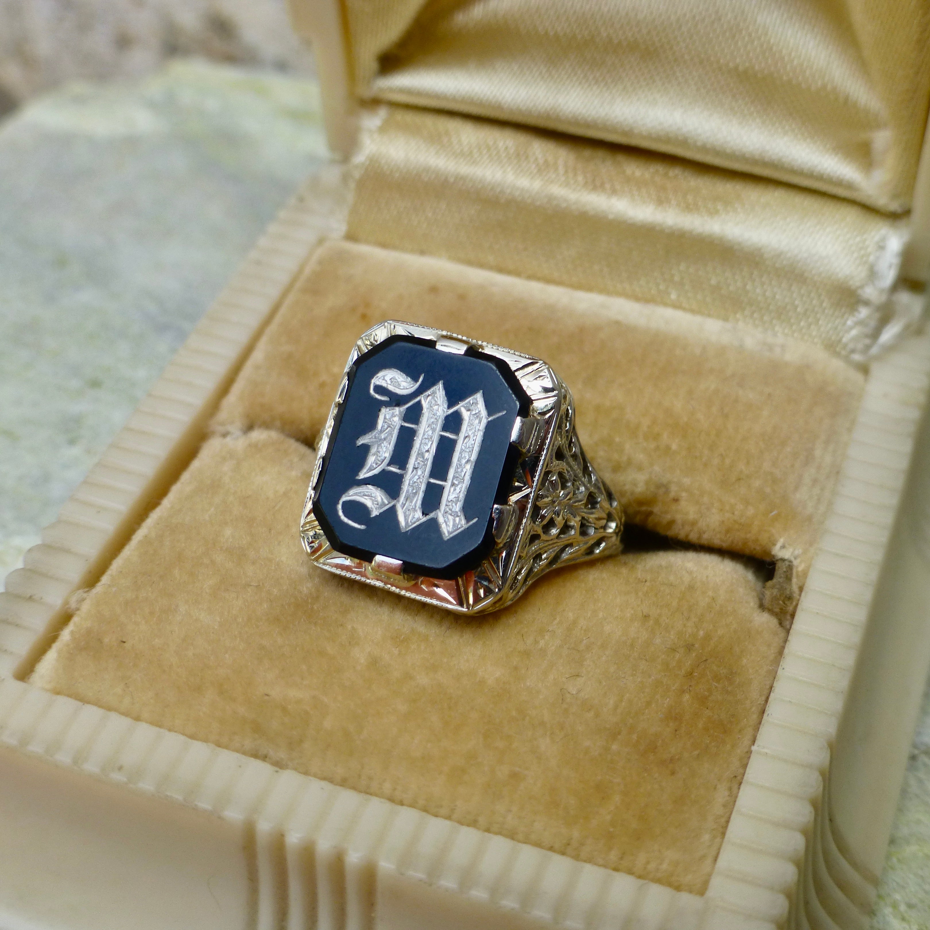 Art Deco Letter M Signet Ring In 18 Karat White Gold