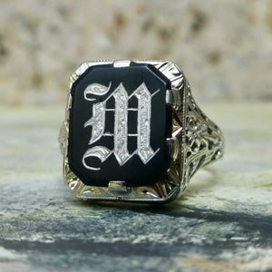 Art Deco Letter M Signet Ring In 18 Karat White Gold