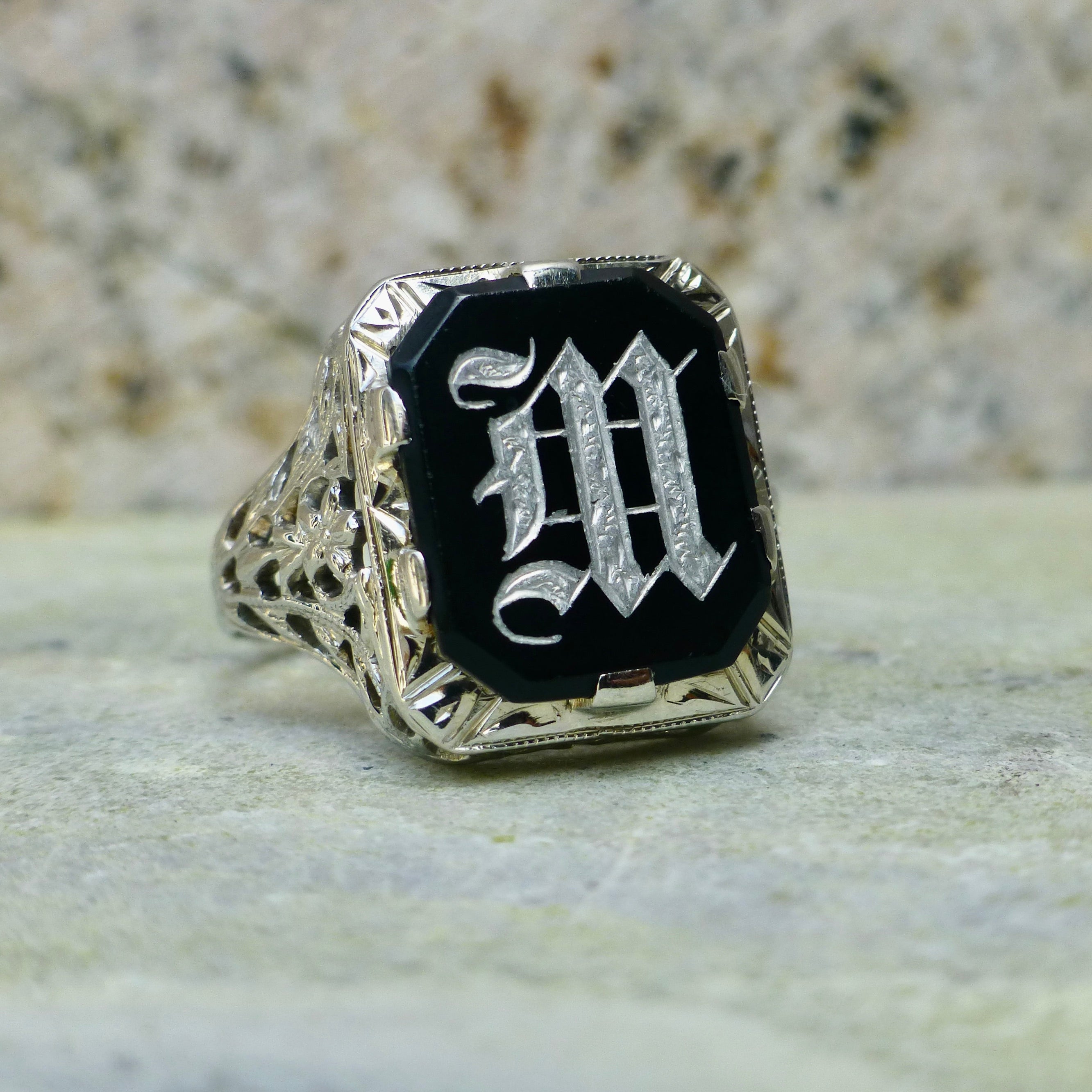 Art Deco Letter M Signet Ring In 18 Karat White Gold