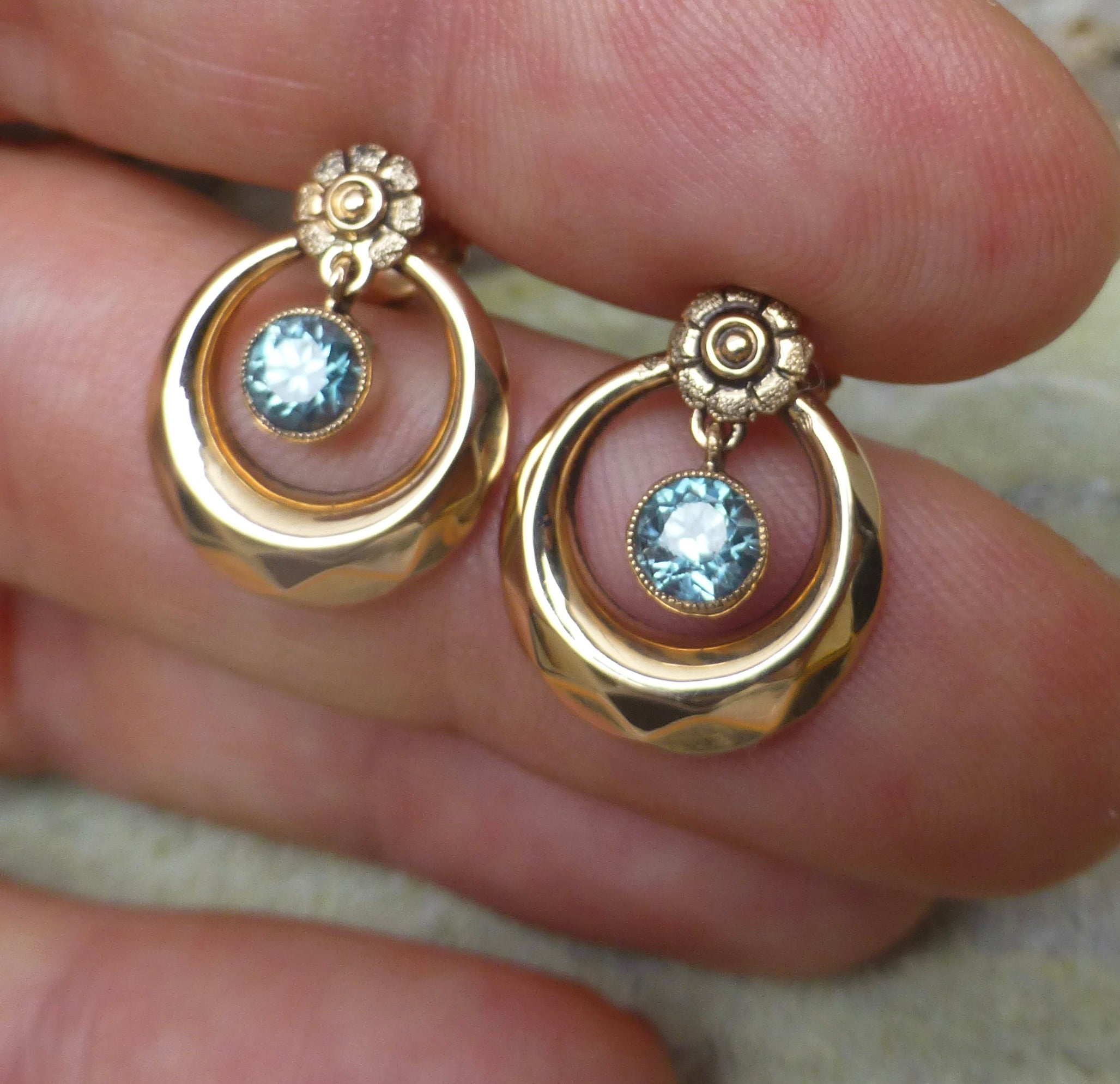 Art Deco Blue Zircon Earrings In 10 Karat Gold