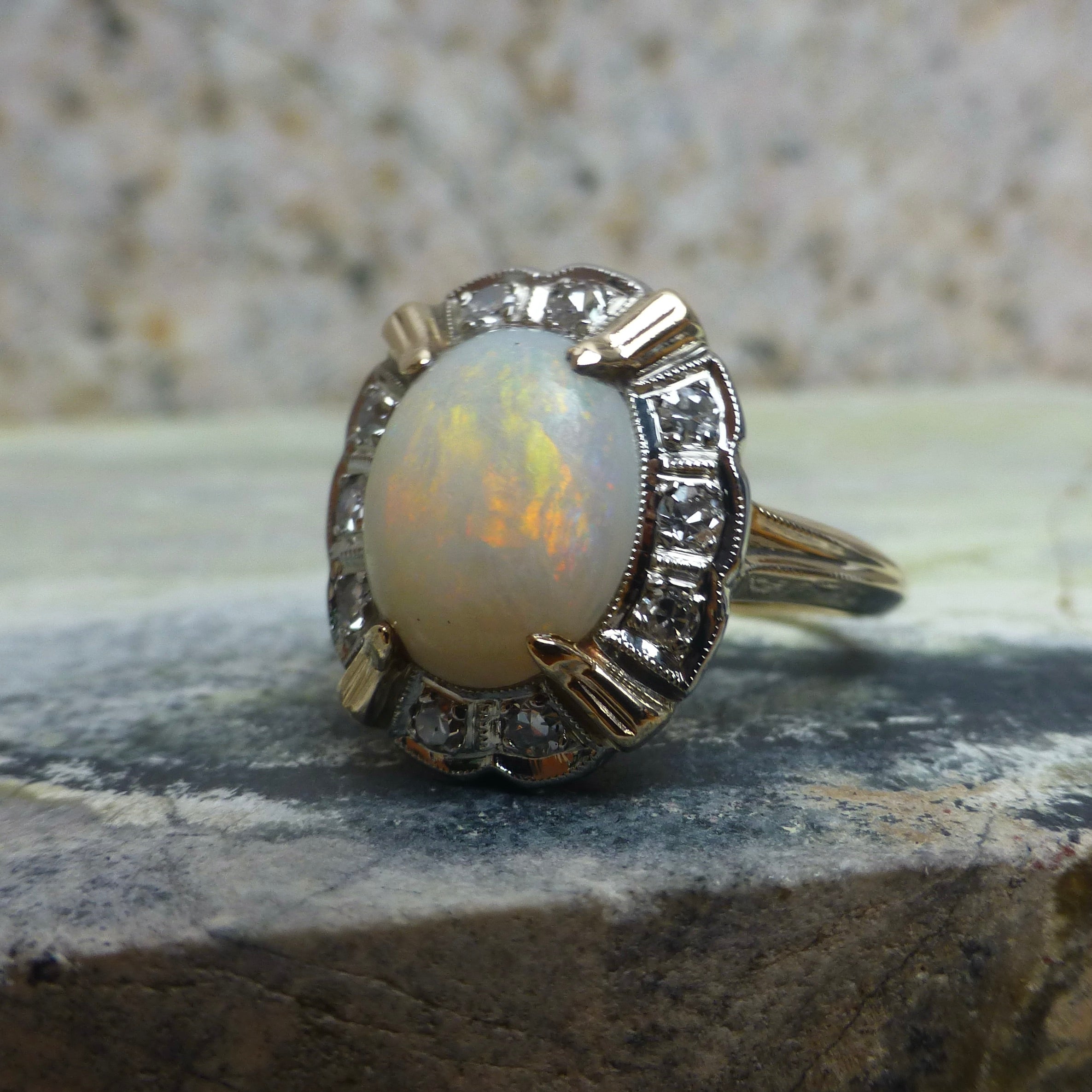 Retro Opal and Diamond 14 Karat Gold Cocktail Ring