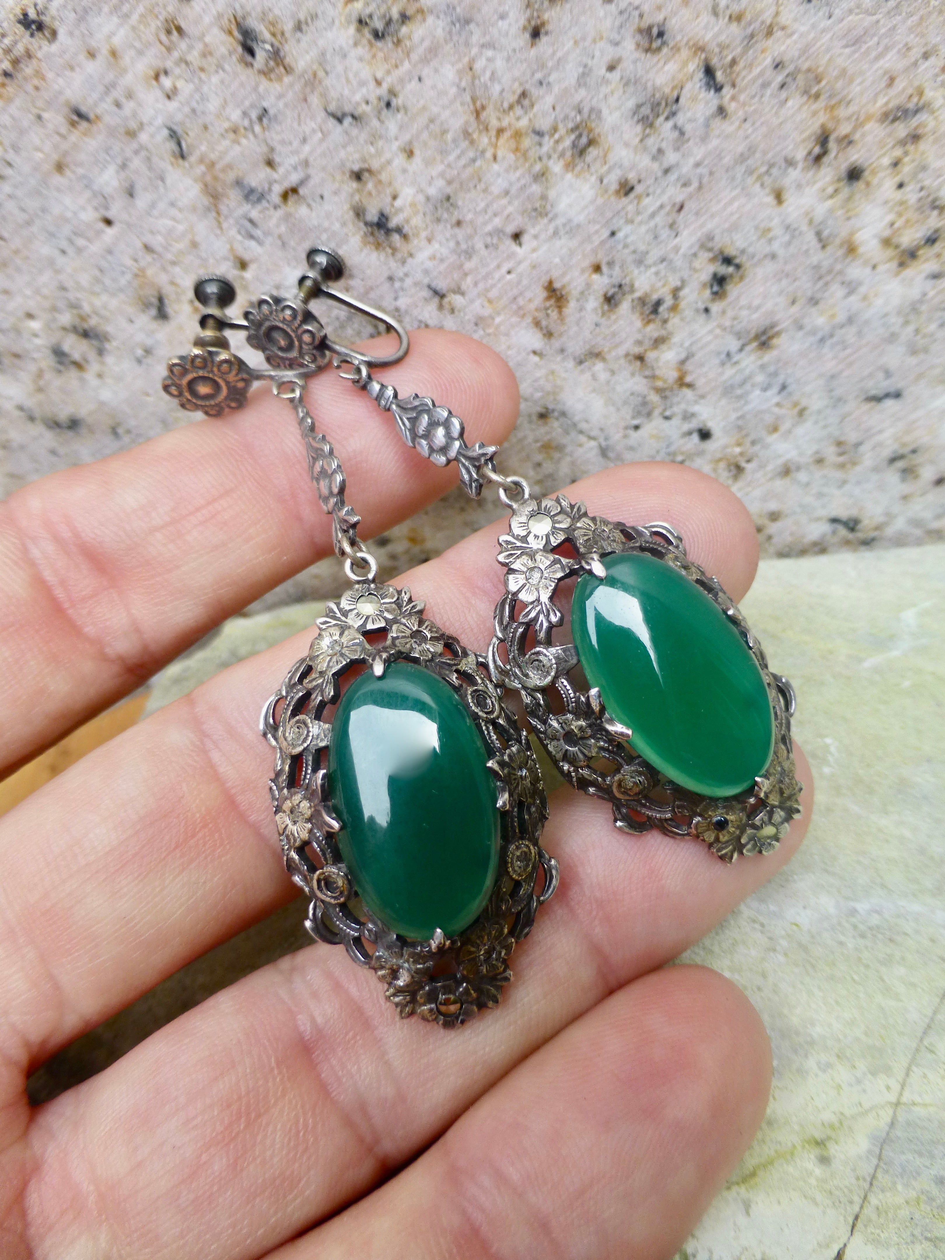 Antique Art Deco Oversized Chrysoprase Earrings In Silver