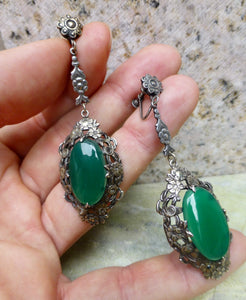 Antique Art Deco Oversized Chrysoprase Earrings In Silver