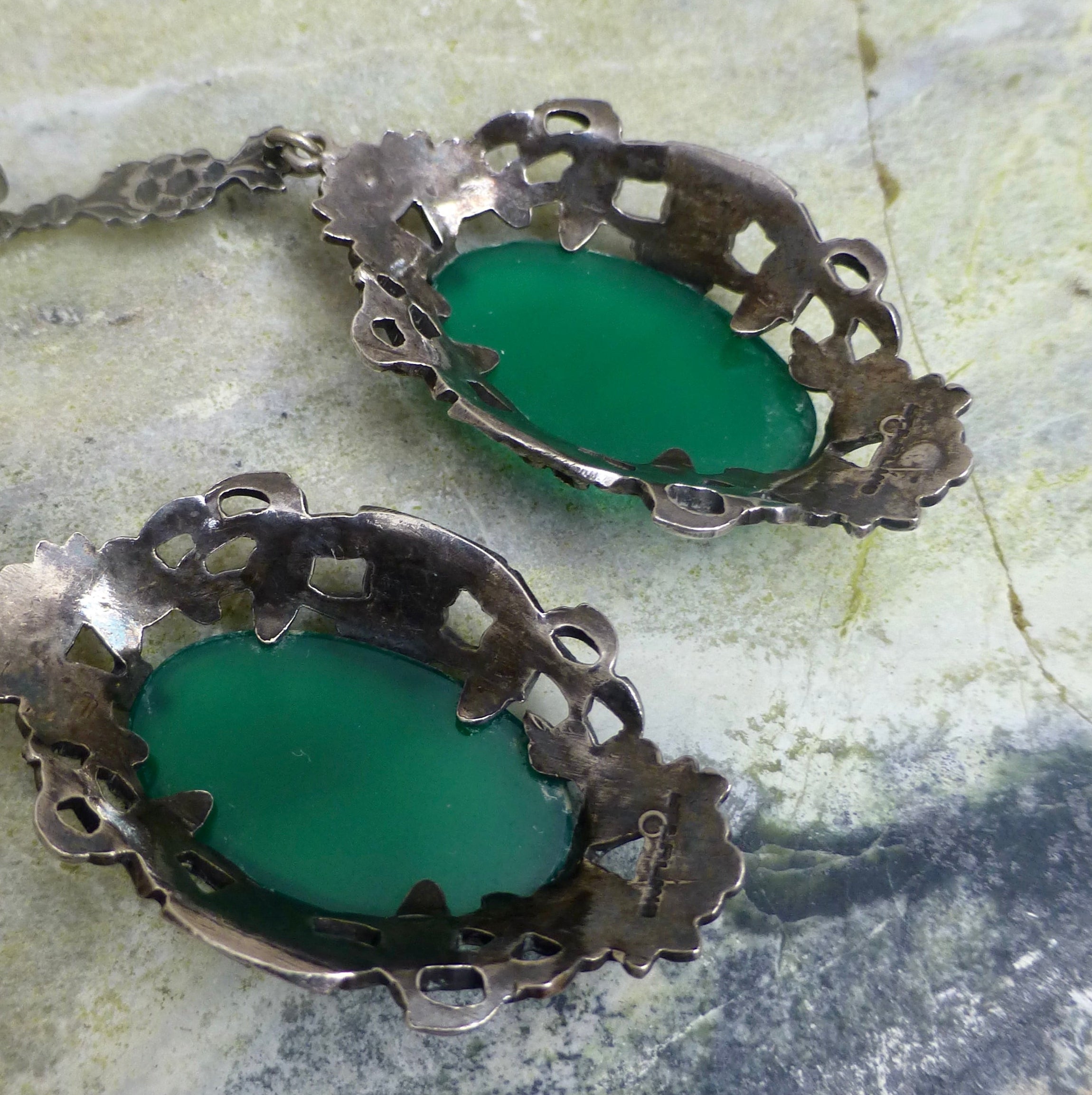 Antique Art Deco Oversized Chrysoprase Earrings In Silver