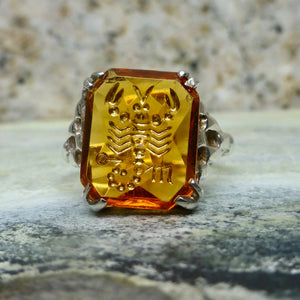 Retro Deco Orange Paste Ring, Antique Scorpio Ring 9k and Silver