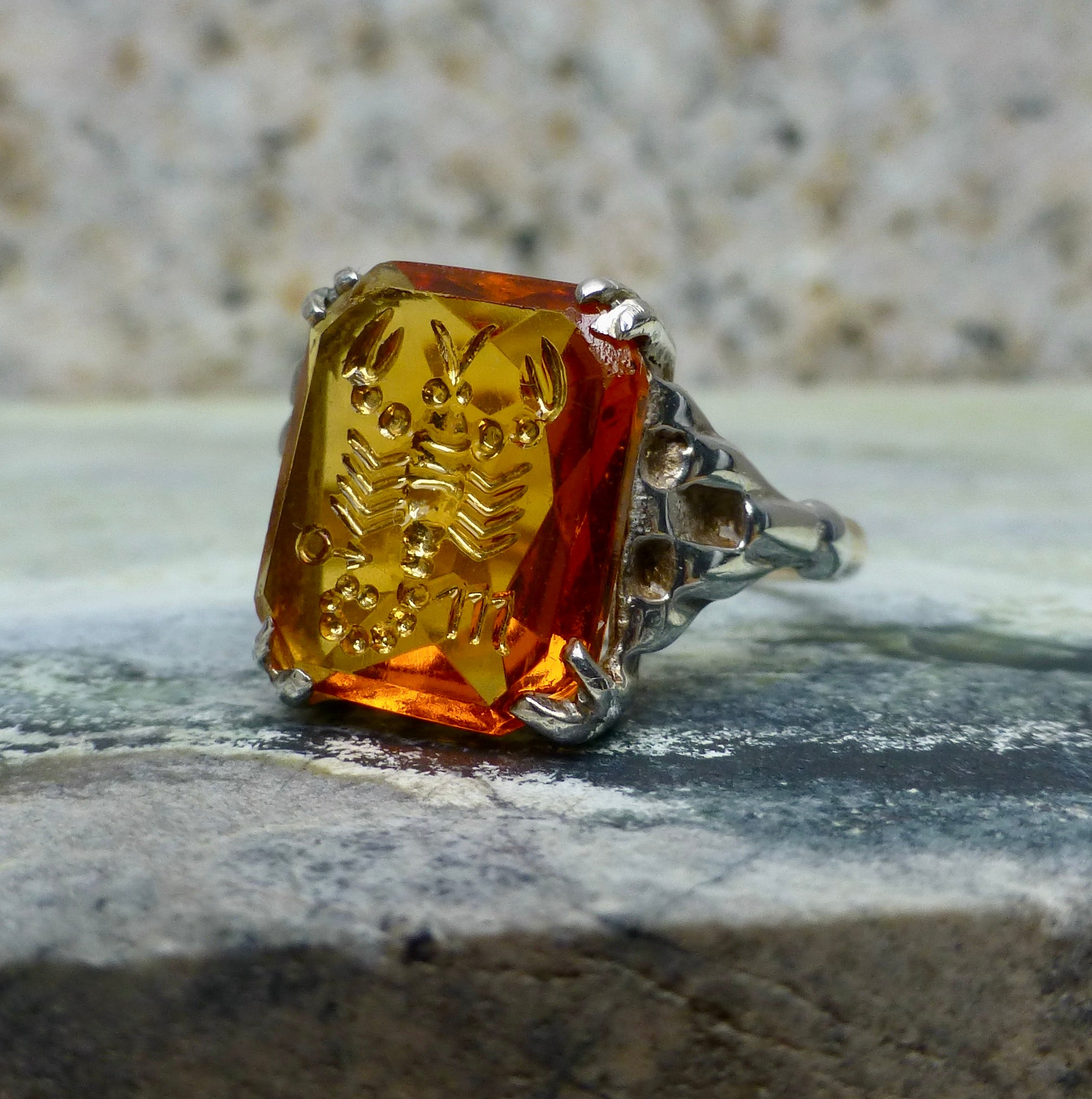 Retro Deco Orange Paste Ring, Antique Scorpio Ring 9k and Silver