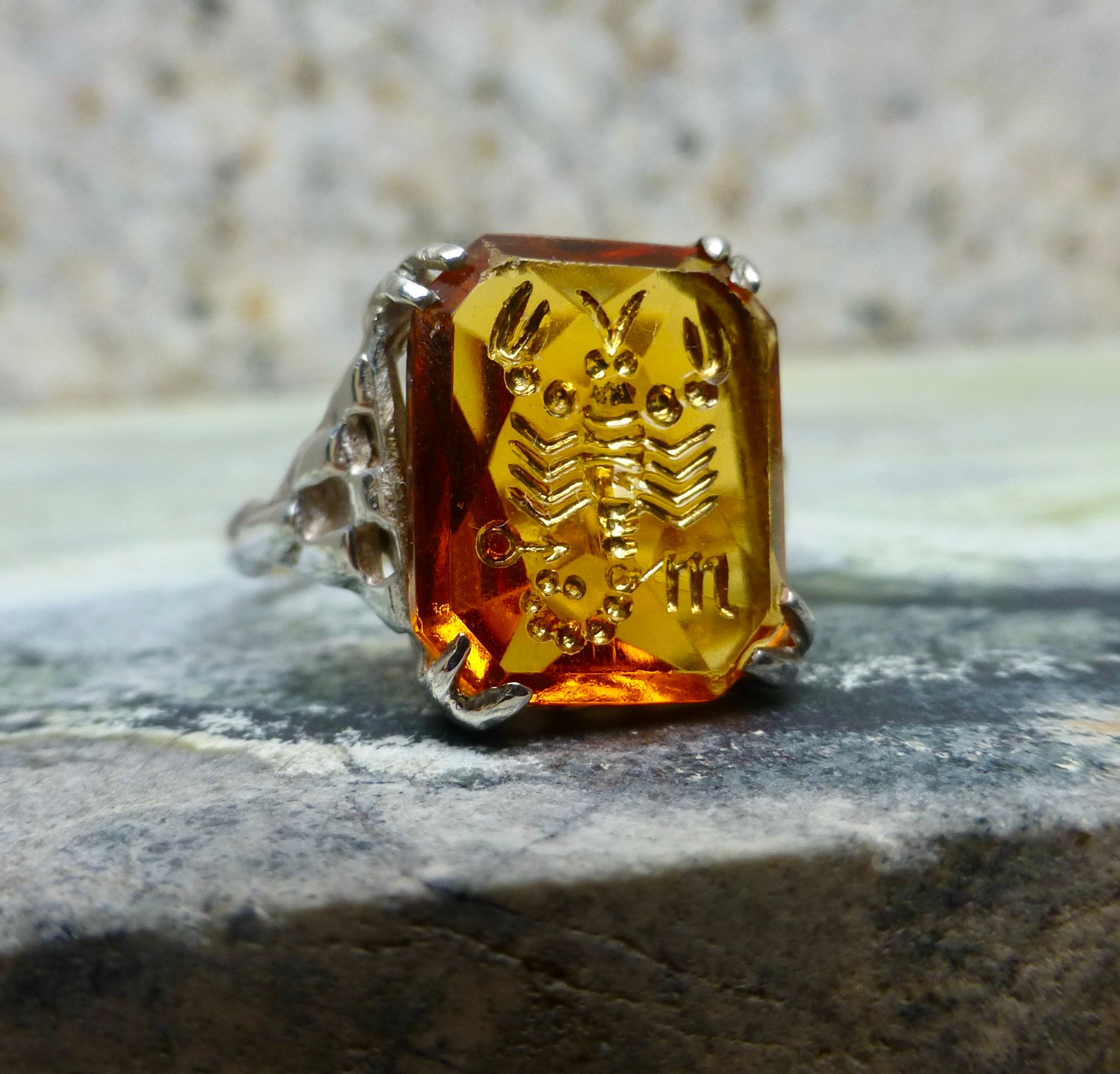 Retro Deco Orange Paste Ring, Antique Scorpio Ring 9k and Silver