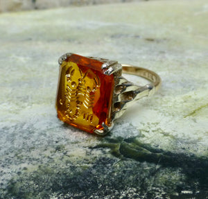Retro Deco Orange Paste Ring, Antique Scorpio Ring 9k and Silver