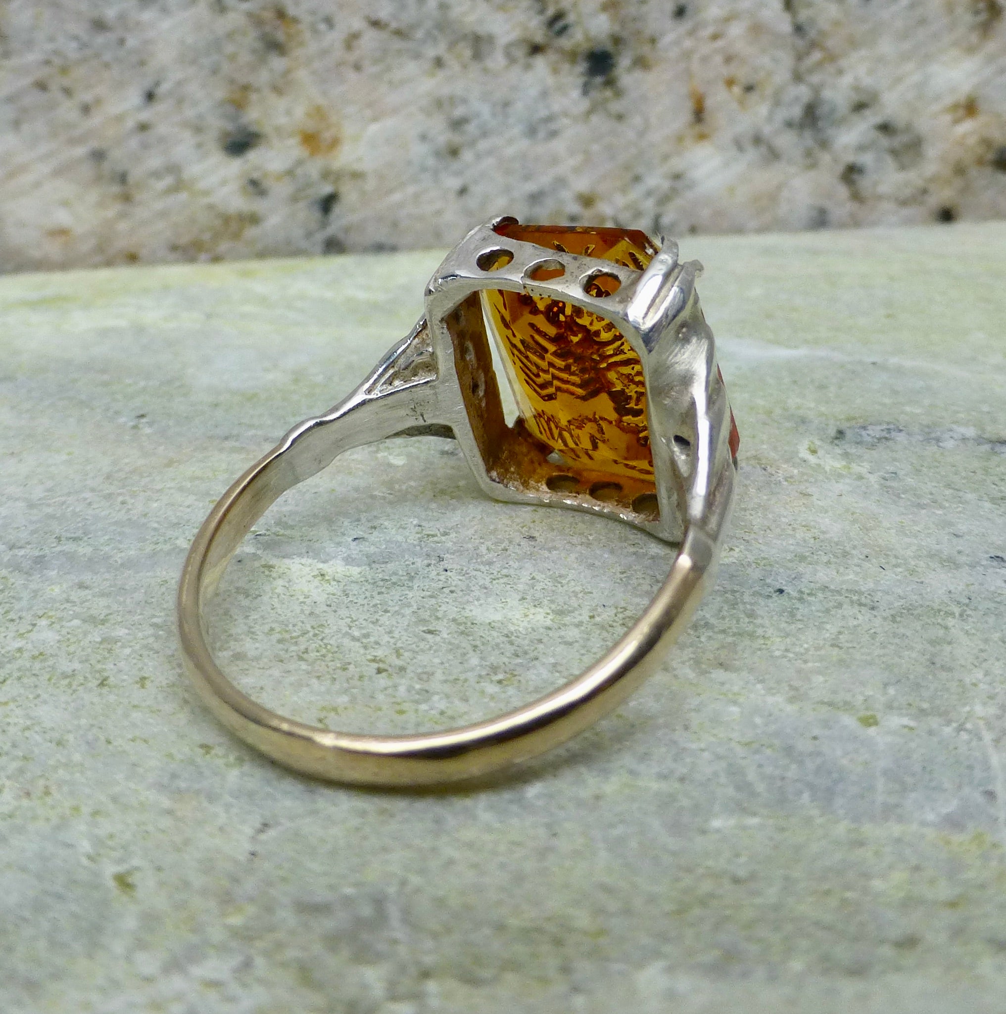 Retro Deco Orange Paste Ring, Antique Scorpio Ring 9k and Silver