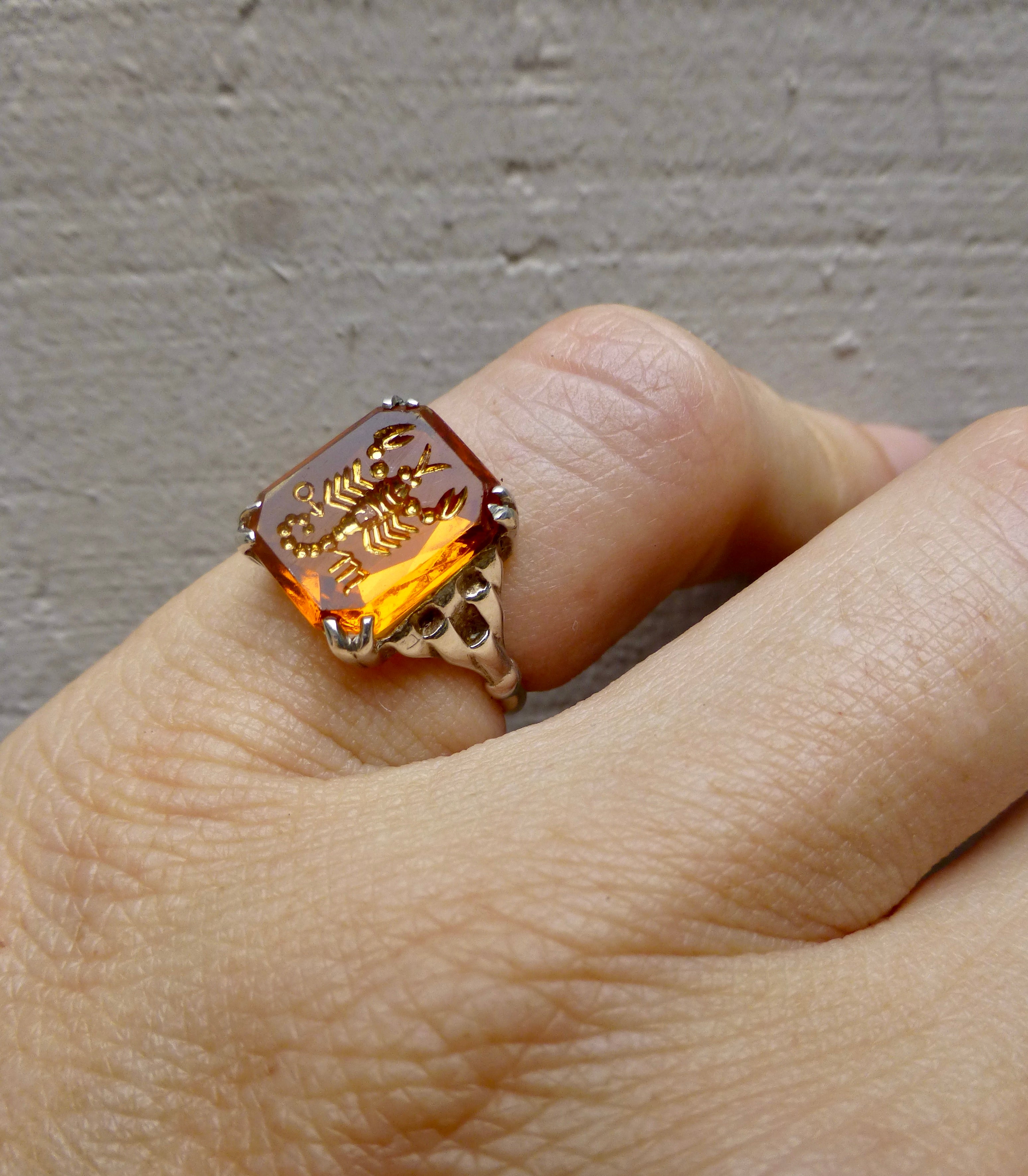 Retro Deco Orange Paste Ring, Antique Scorpio Ring 9k and Silver