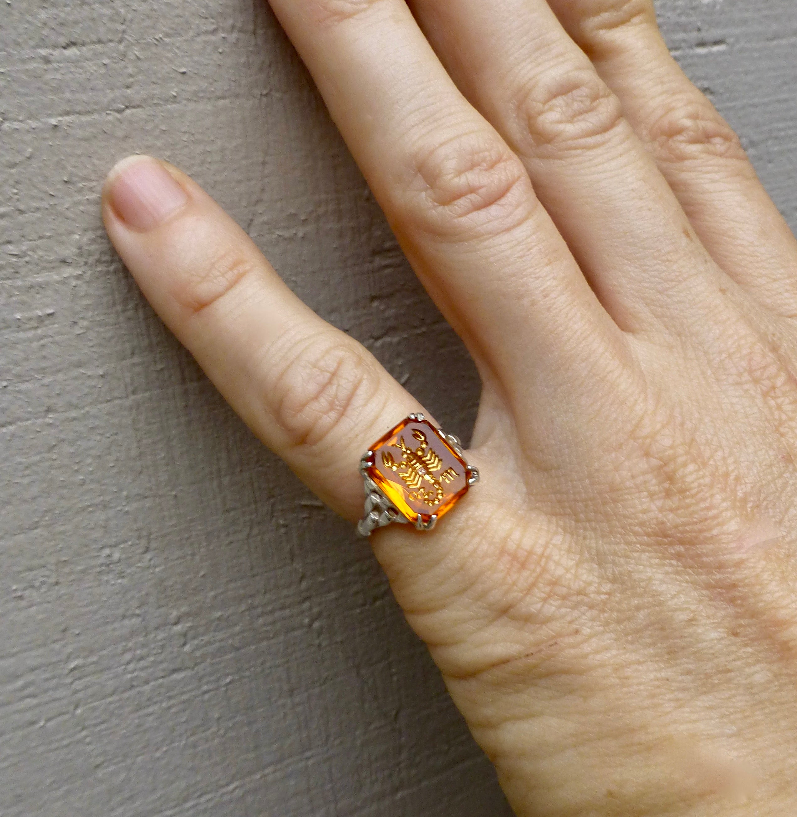 Retro Deco Orange Paste Ring, Antique Scorpio Ring 9k and Silver