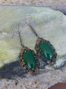 Antique Art Deco Oversized Chrysoprase Earrings In Silver