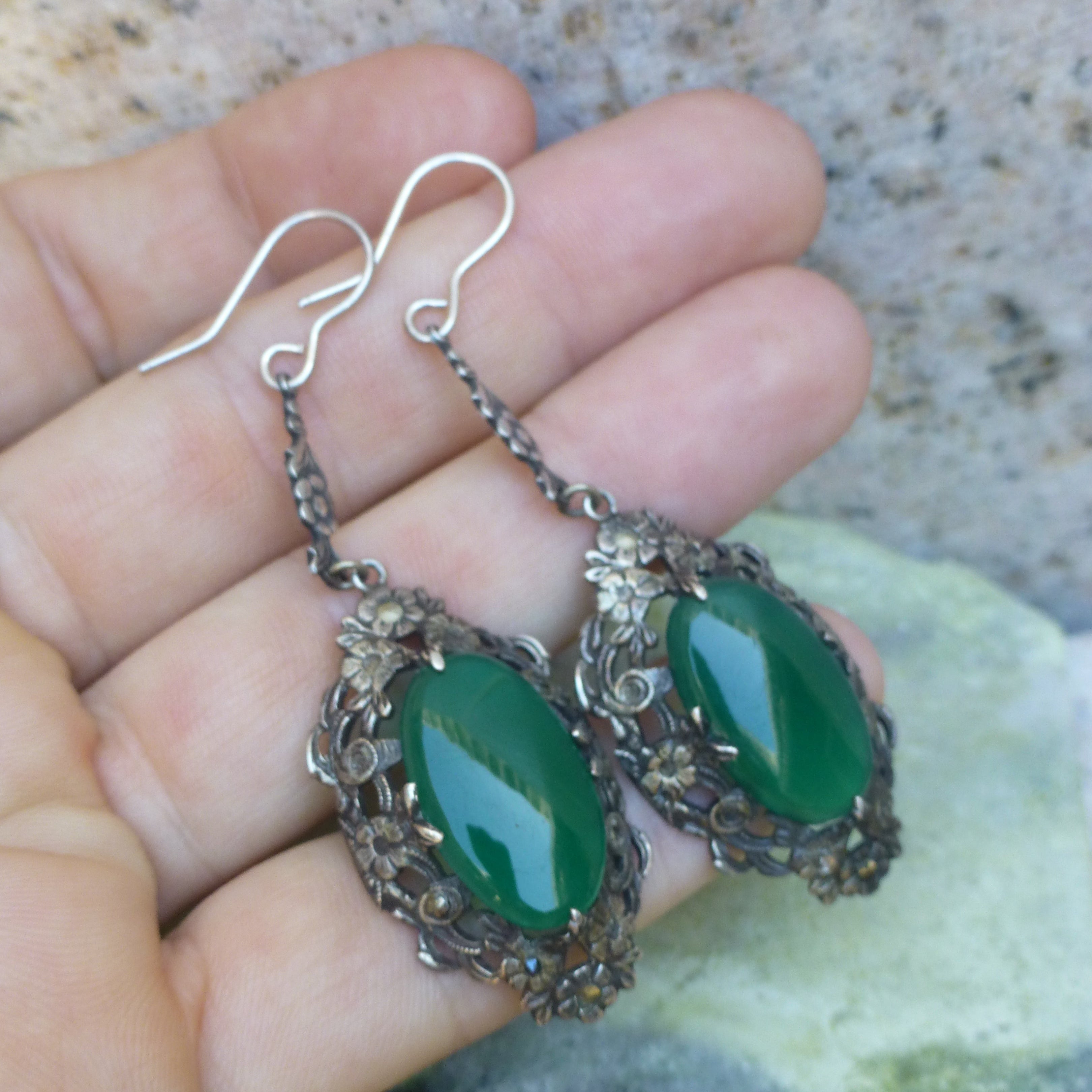 Antique Art Deco Oversized Chrysoprase Earrings In Silver