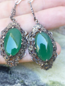 Antique Art Deco Oversized Chrysoprase Earrings In Silver