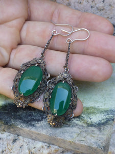 Antique Art Deco Oversized Chrysoprase Earrings In Silver