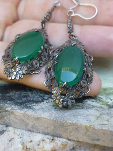 Antique Art Deco Oversized Chrysoprase Earrings In Silver