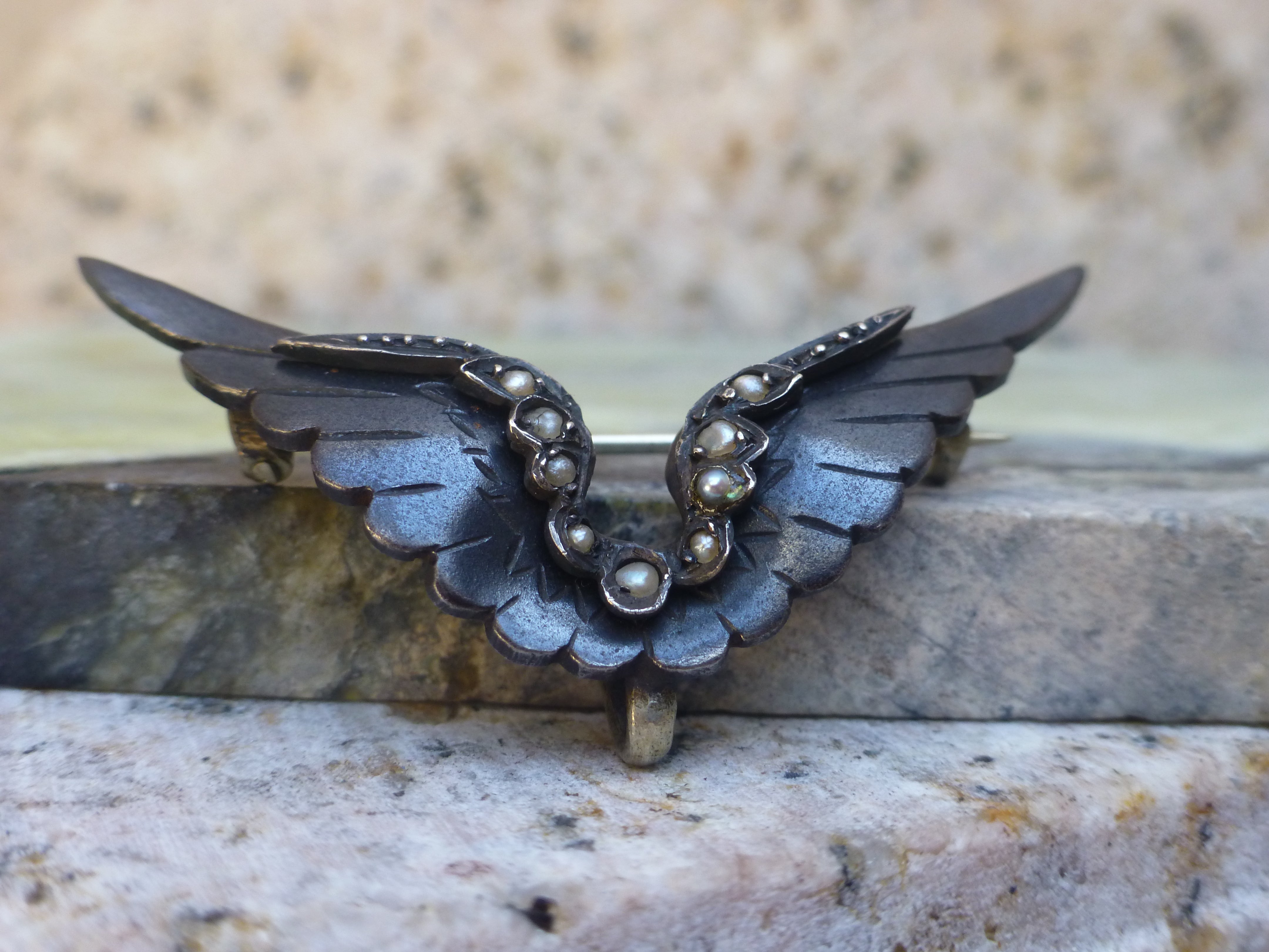 Antique Mourning Brooch, Victorian Black Enamel Wing Brooch