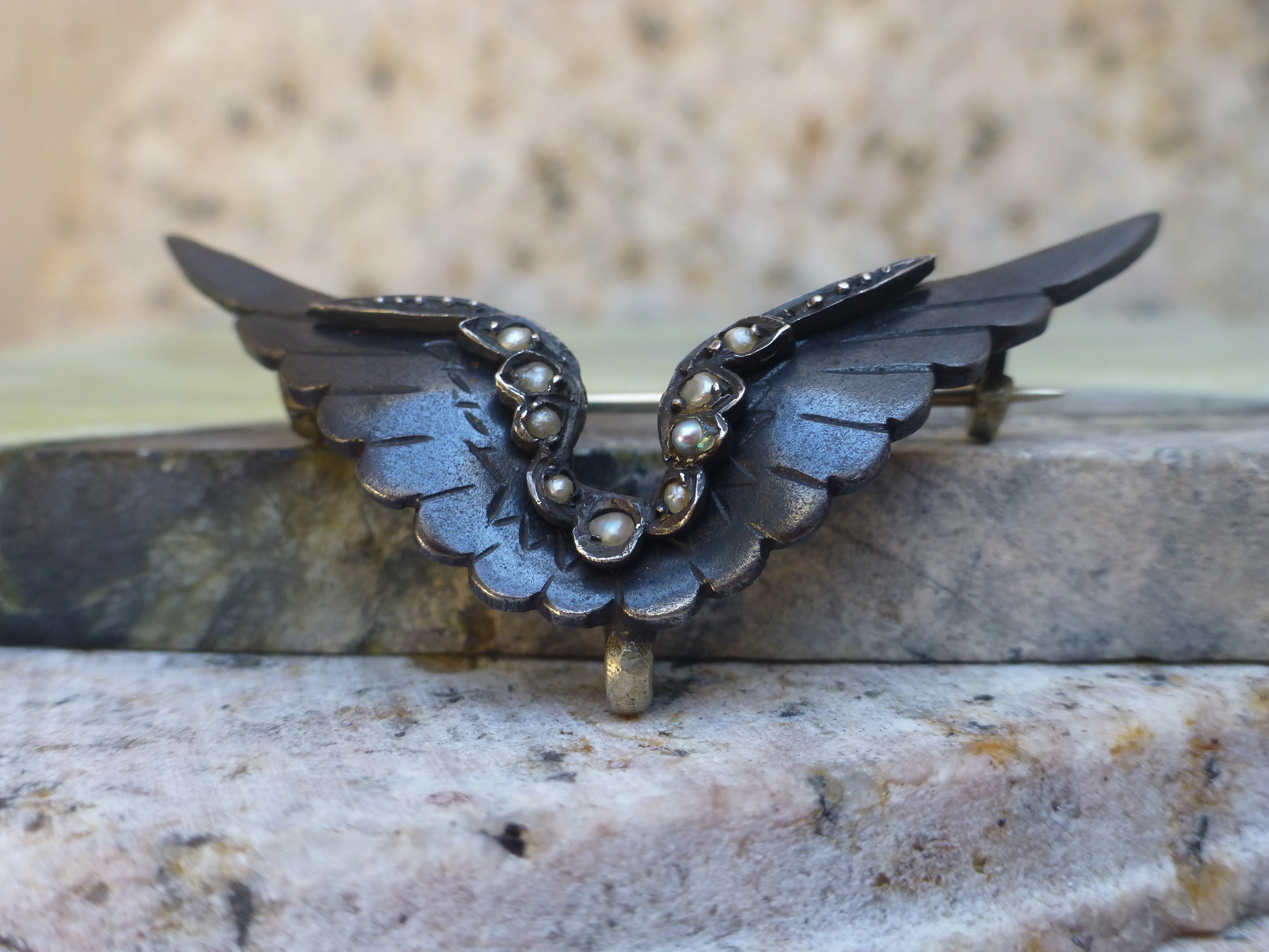 Antique Mourning Brooch, Victorian Black Enamel Wing Brooch