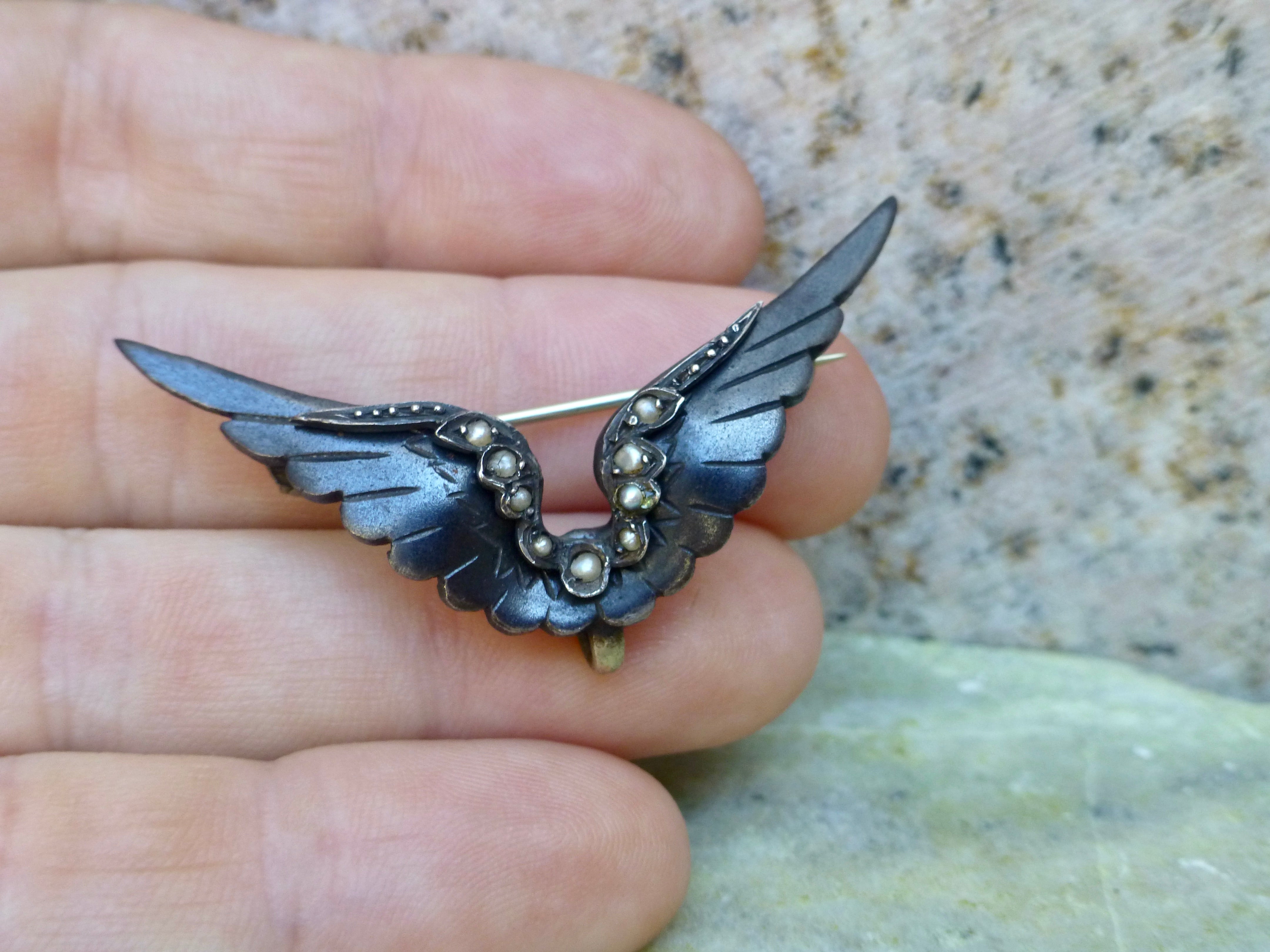 Antique Mourning Brooch, Victorian Black Enamel Wing Brooch