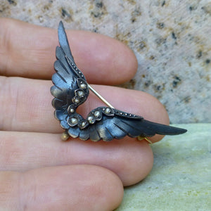 Antique Mourning Brooch, Victorian Black Enamel Wing Brooch