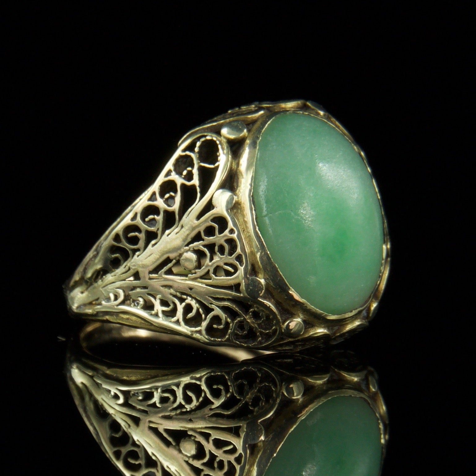 Art Deco Green Jade14k Gold Dinner Ring