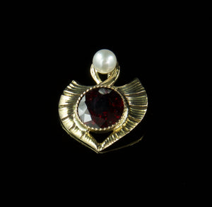 Art Nouveau Garnet and Pearl 14k Gold Pendant