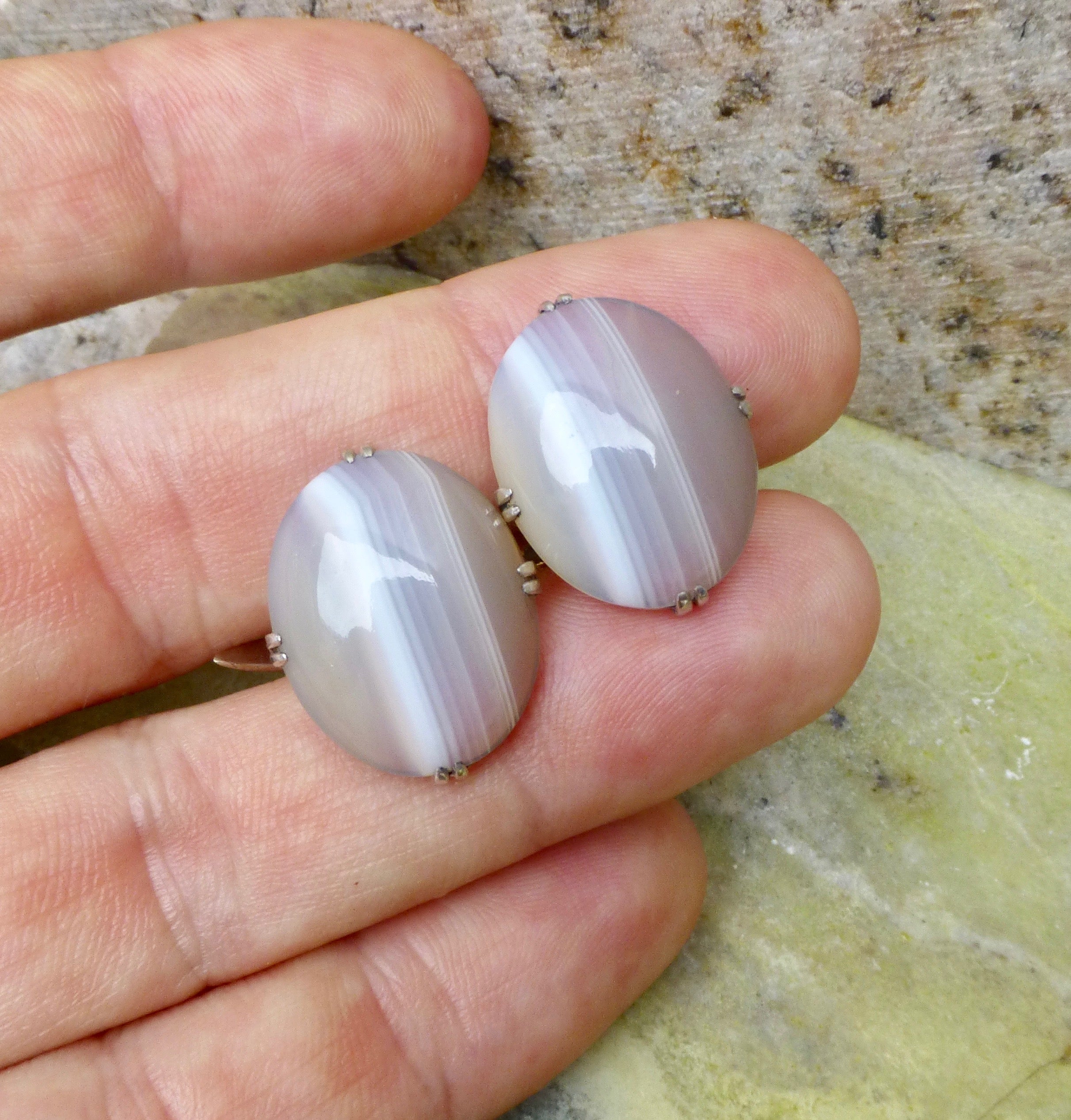 Art Deco Banded Agate Silver Cuff Links