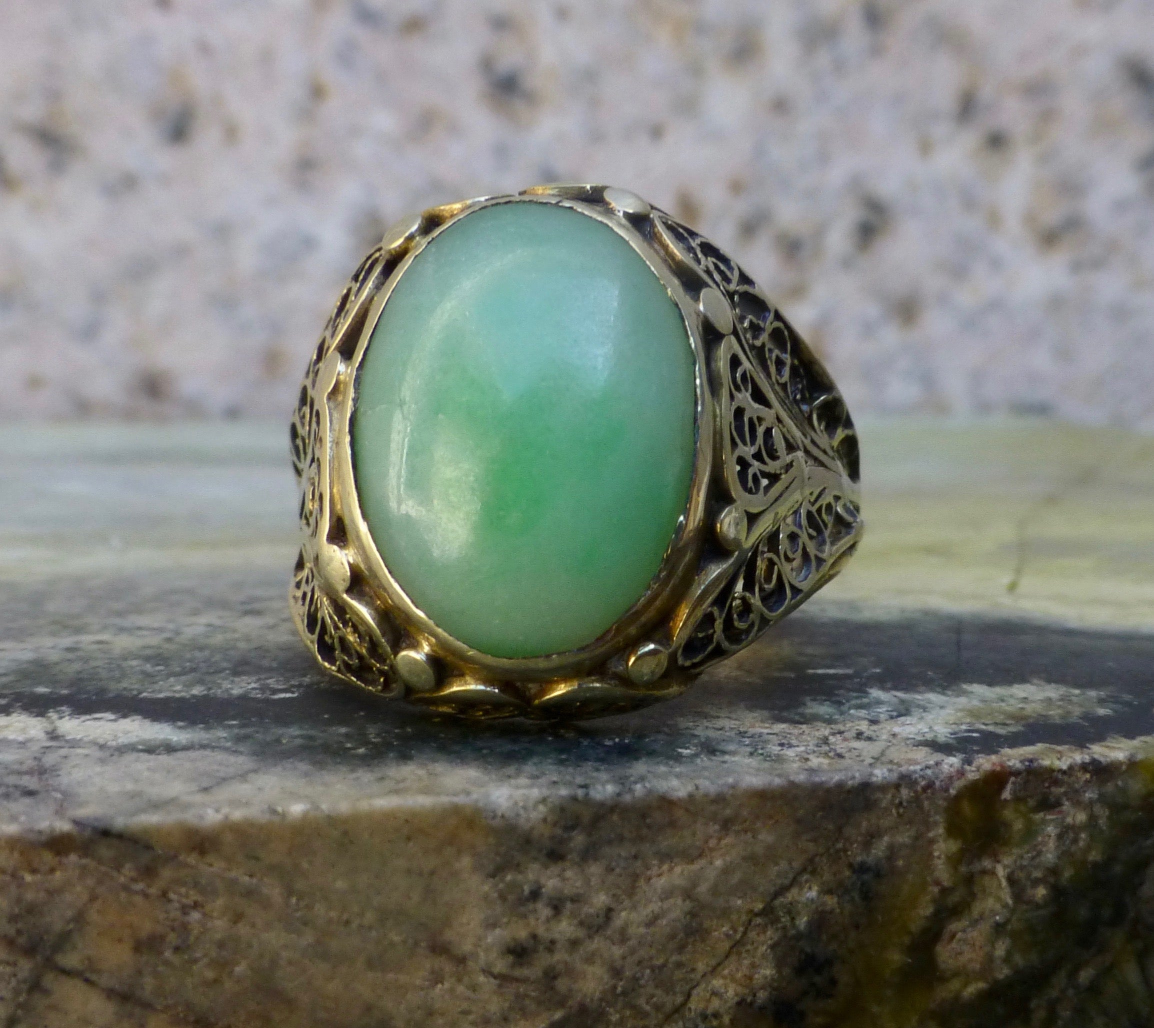 Art Deco Green Jade14k Gold Dinner Ring