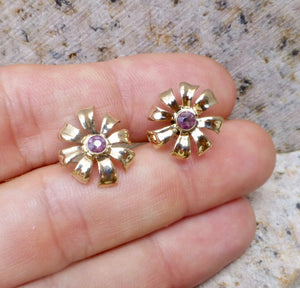 Mid Century Amethyst Daisy Flower 10k Gold Earrings