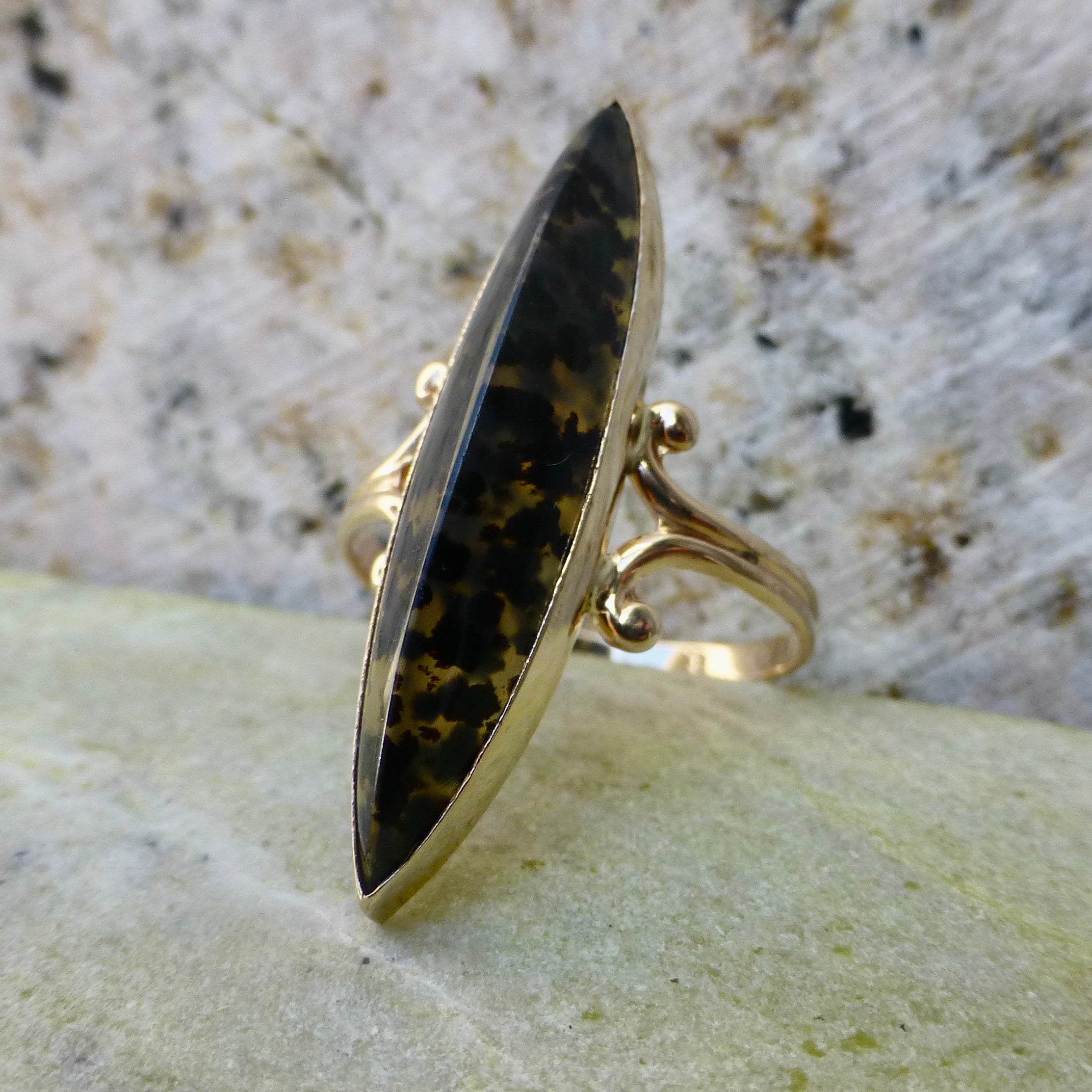 Montana Spotted Agate Long Art Deco Ring In 10 Karat Gold