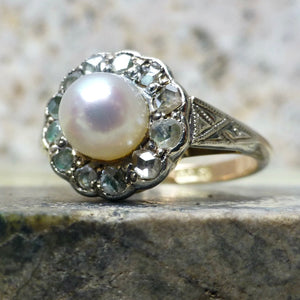 Art Deco Rose Cut Diamond and Pearl Ring In 18 Karat Gold And Silver
