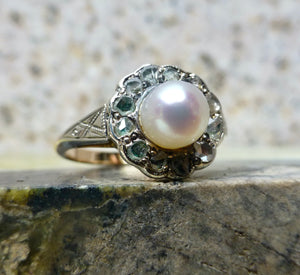 Art Deco Rose Cut Diamond and Pearl Ring In 18 Karat Gold And Silver