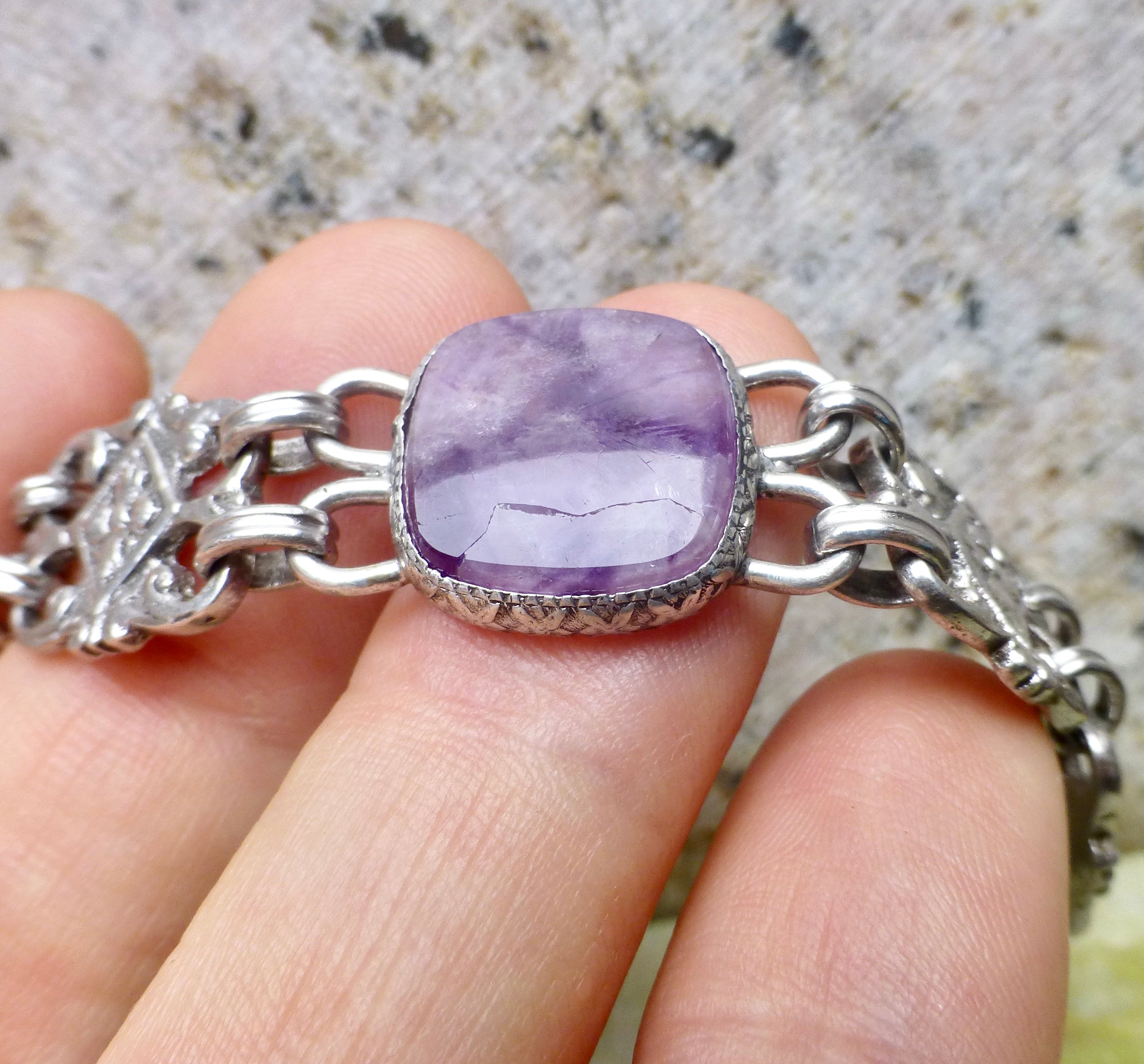Antique Art Deco Amethyst And Silver Panel Bracelet, Size 7.5 Inches Long