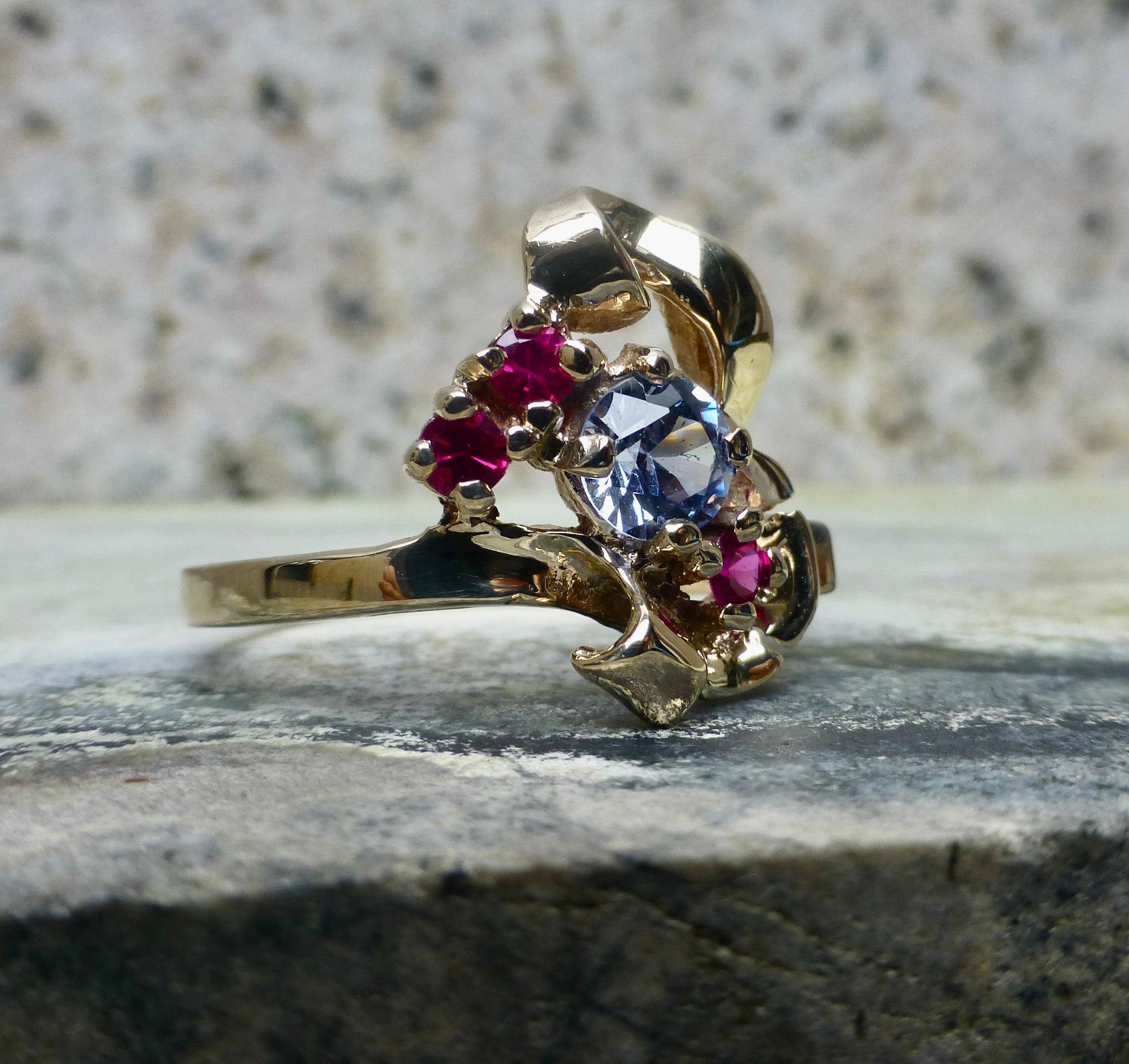 1950's Retro Aquamarine And Pink Spinel 10k Gold Cocktail Ring