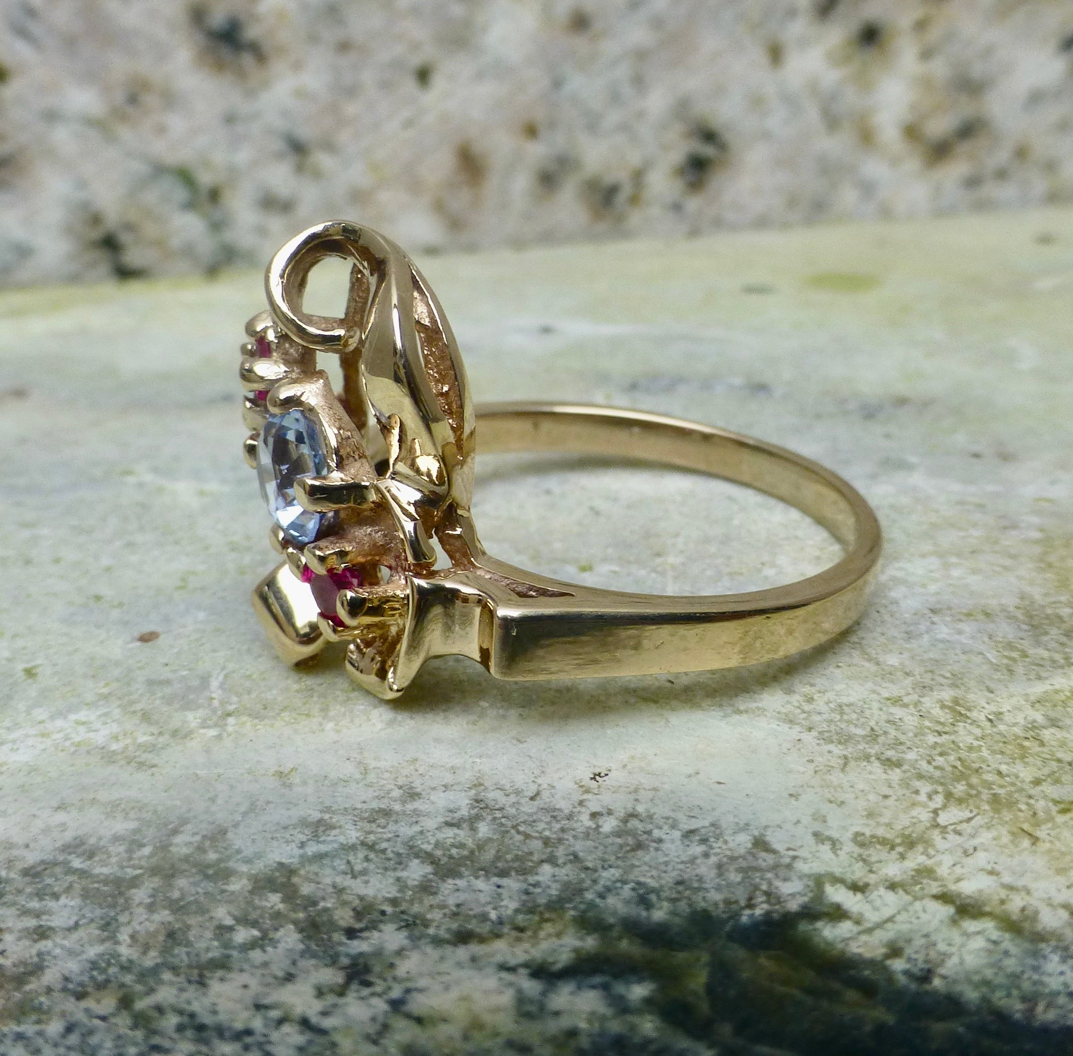 1950's Retro Aquamarine And Pink Spinel 10k Gold Cocktail Ring
