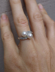 Mid-Century Modern Double Pearl and Diamond 10k White Gold Ring