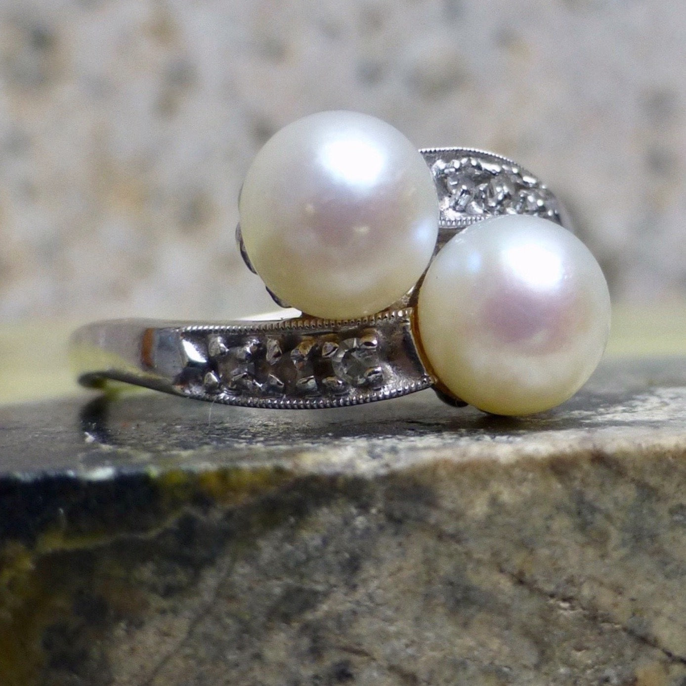 Mid-Century Modern Double Pearl and Diamond 10k White Gold Ring