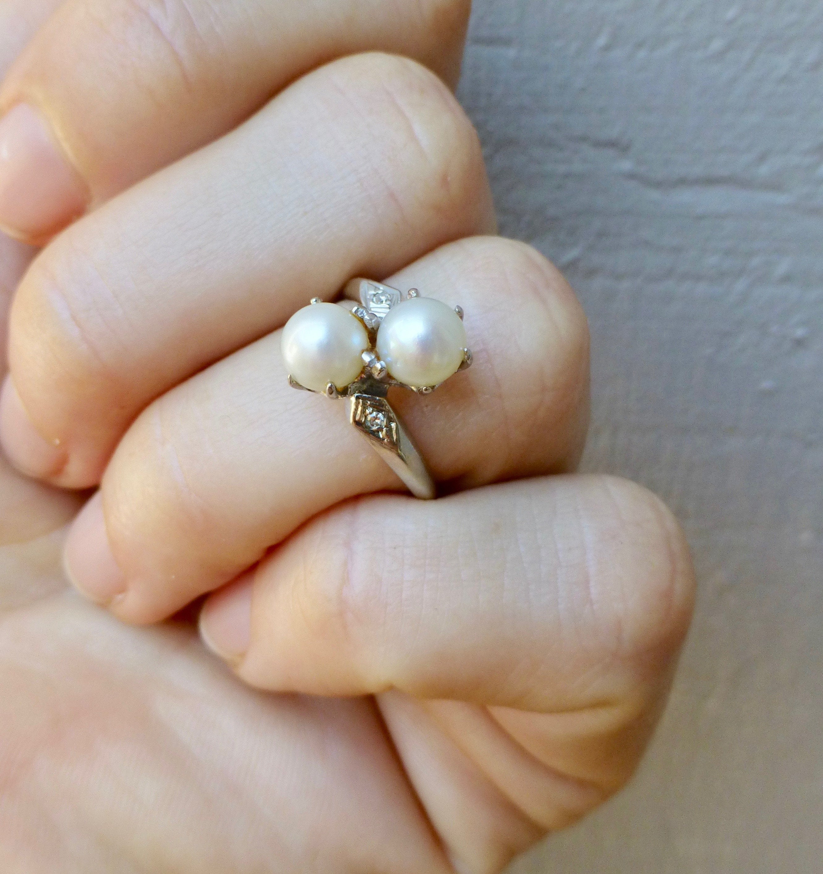 Mid-Century Modern Double Pearl and Diamond 14k White Gold  Ring