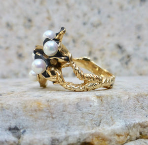 Vintage Modern Enamel and 14k Gold Pearl Ring