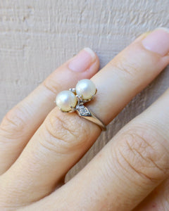 Mid-Century Modern Double Pearl and Diamond 14k White Gold  Ring