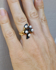 Vintage Modern Enamel and 14k Gold Pearl Ring